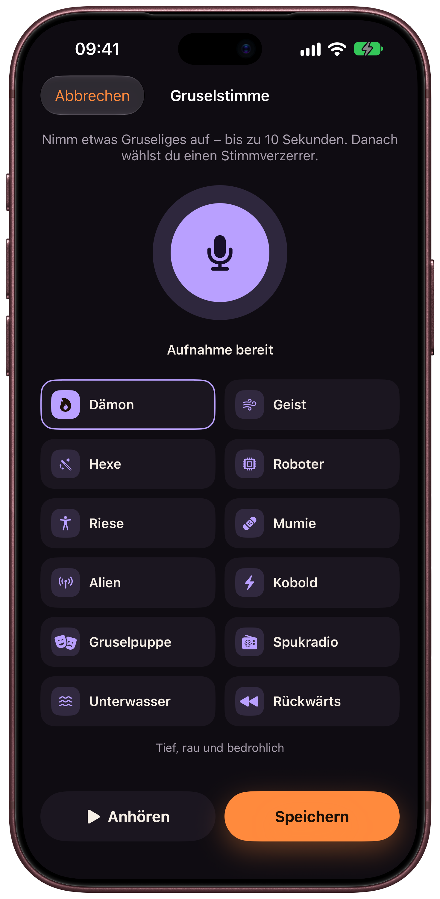Scarebulum Sprachrekorder auf dem iPhone mit 13 Stimmeffekten