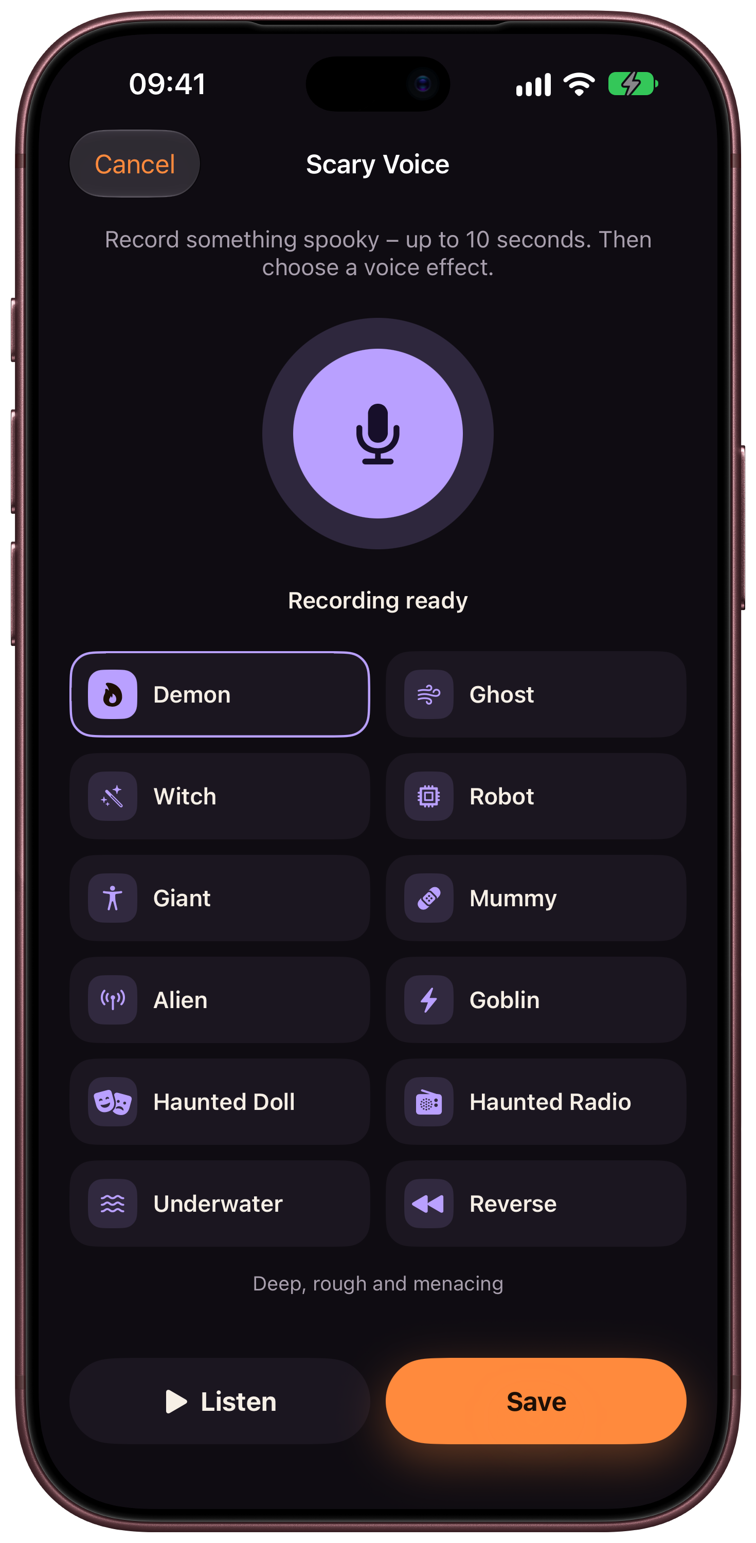 Scarebulum voice recorder on iPhone with 13 voice effects